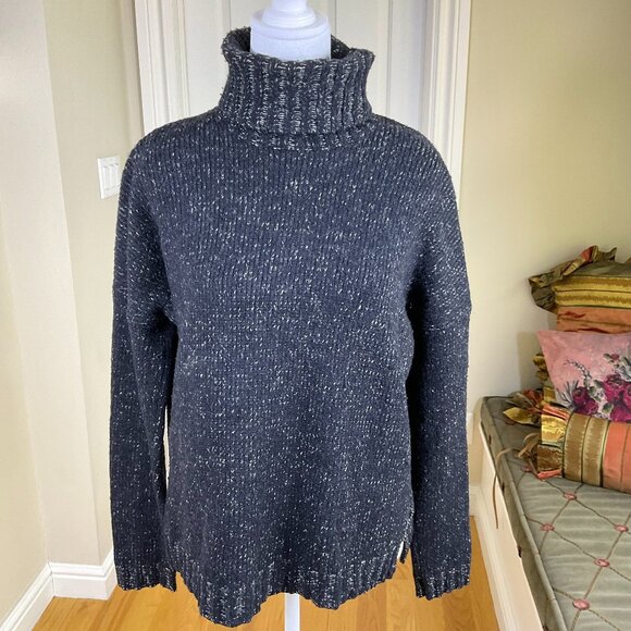 Vince Sweater Turtleneck Wool Silk Cashmere Black Gray Cream Chunky Knit (M) - Picture 1 of 7